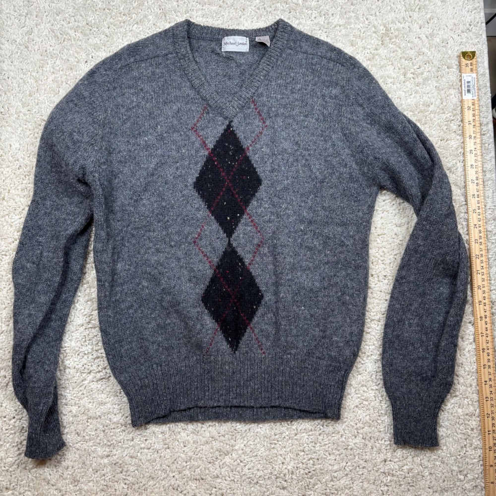 Michael Jordan Men's Gray Argyle V-Neck Sweater Cozy Pullover